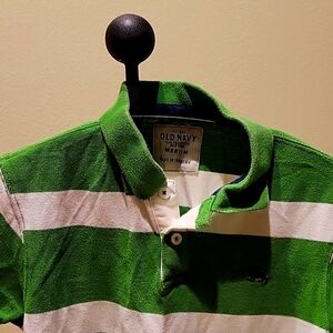 S/S NAVY POLO(M) BOY'S SHORT SLEEVE SHIRT, GREEN/WHITE RUGBY STRIPED, MEDIUM